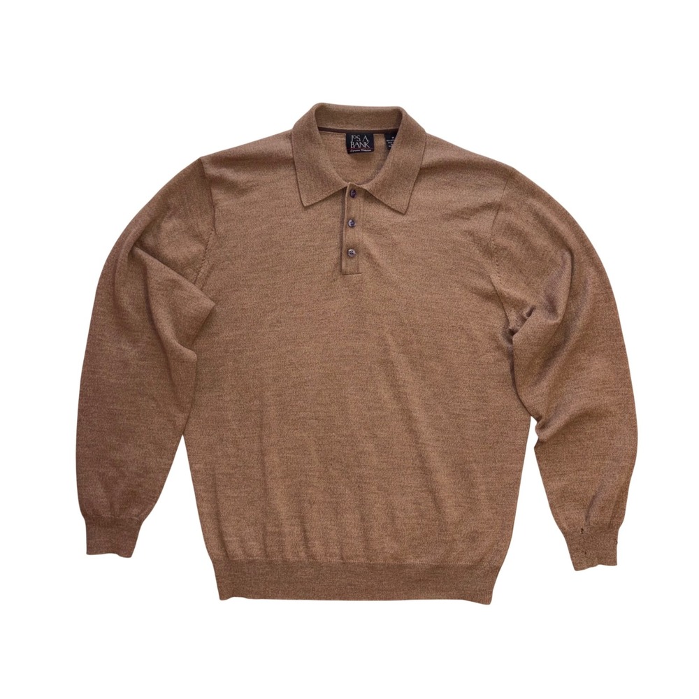 JOS A BANK Polo Sweater Mens M Brown Merino Wool Long Sleeve Signature Collared